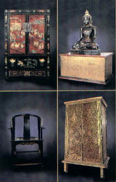 Clockwise starting from the top left corner.  Chinese Shanxi Cupboard 19th Century; Shan Buddha 17th C. sitting on a manuscript chest 18th C. from Burma; Thai Cabinet from Ayutthaya region 18th C; Chair in Horse Shoe Design from China 19th C.